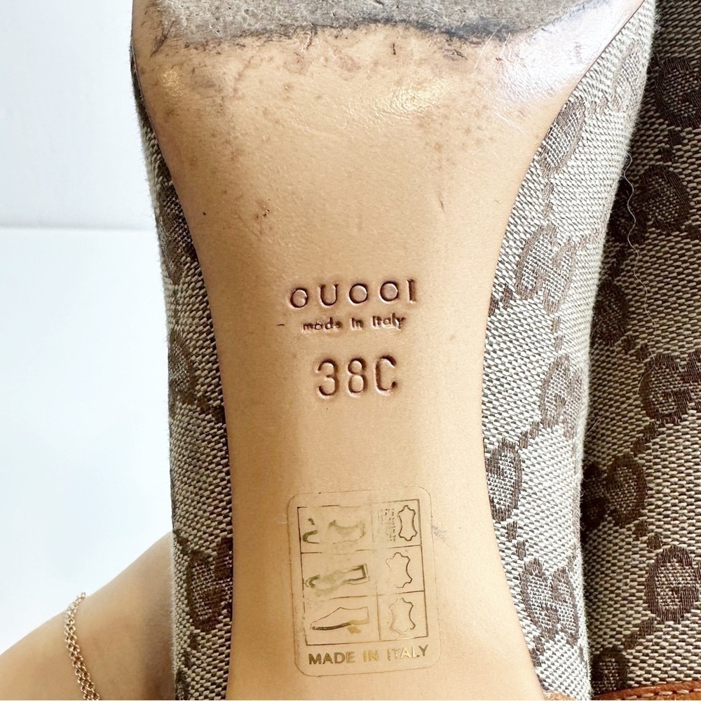 GUCCI GG Monogram Canvas Buckle Pumps Leather Trim Brown Grey Women's 38 US 7.5 - Picture 8 of 10
